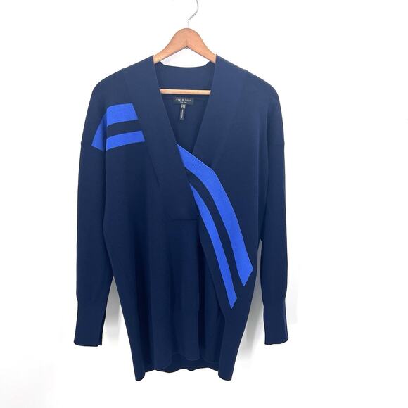 Rag & Bone Navy Blue Merino Wool Long Sleeve Stripe Tunic Sweater Womens XXS - Picture 1 of 7